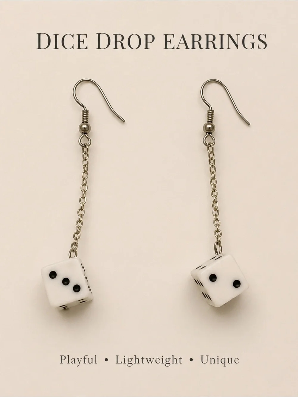 White Dice Drop Chain Earrings - Playful Women’s Earrings